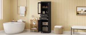 English Elm 63" Tall Bathroom Vanity Cabinet with Glass Doors, Two Drawers and Adjustable Shelves for Stylish Storage Black N729P171305B