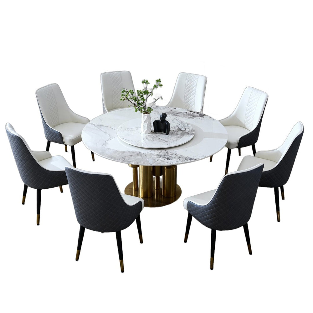 English Elm 59" Round Sintered Stone Dining Table Built-in Lazy Susan Seats Eight Modern Home W2699S00099