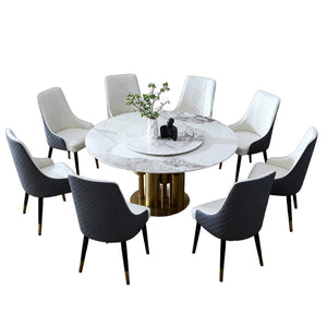English Elm 59" Round Sintered Stone Dining Table Built-in Lazy Susan Seats Eight Modern Home W2699S00099