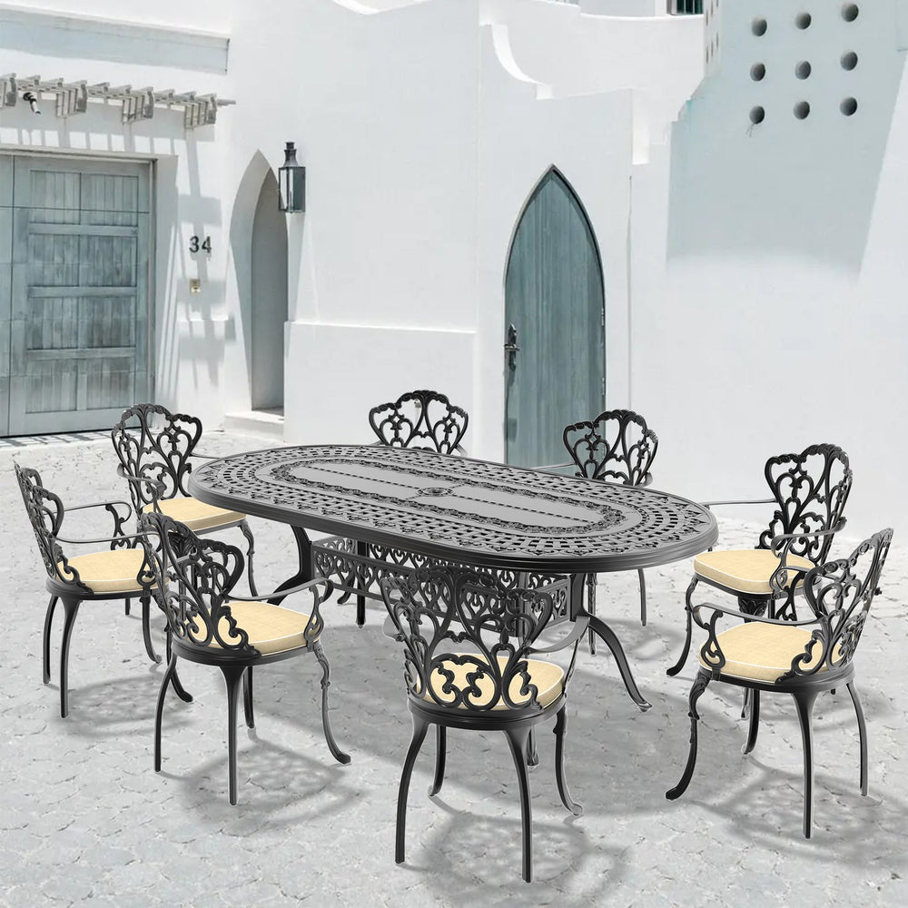 English Elm 9-Piece Cast Aluminum Patio Furniture Set With Off-White Cushions For Stylish Outdoor Dining W1710S00108