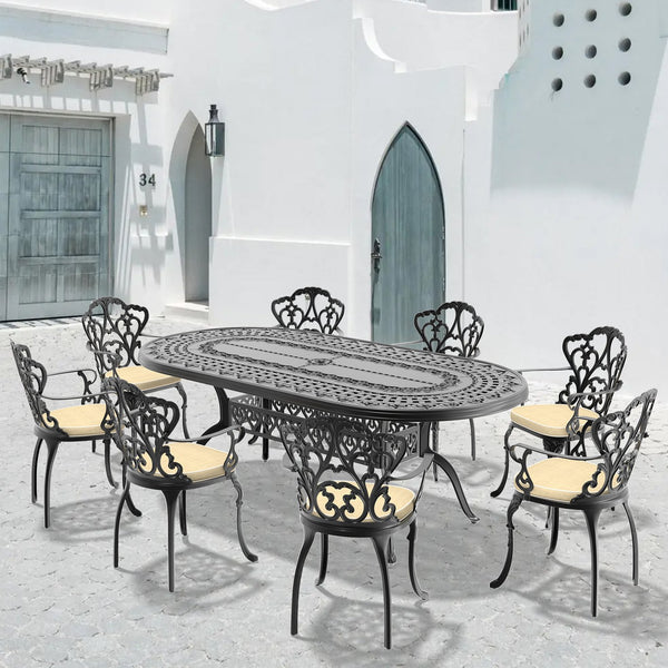 English Elm 9-Piece Cast Aluminum Patio Furniture Set With Off-White Cushions For Stylish Outdoor Dining W1710S00108