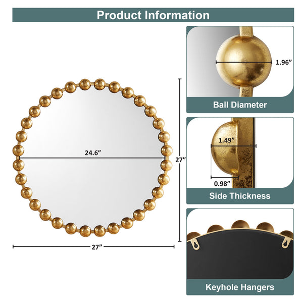 JLA Home Madison Park Signature - 27" Decorative Round Wall Mirror with Beaded Metal Frame, Antique Finish, HD Glass, Ready to Hang Gold MPS95F-0034