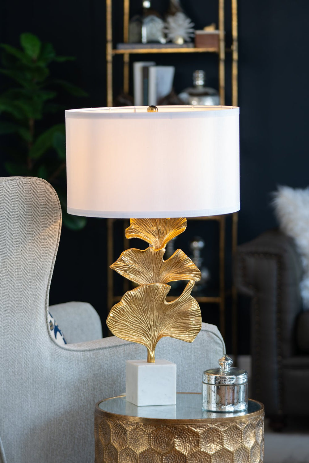 English Elm D17x30.2" Gold Ginkgo Leaf Table Lamp with Marble Cube Base, White Drum Shade, Modern Accent Light W2078P360486