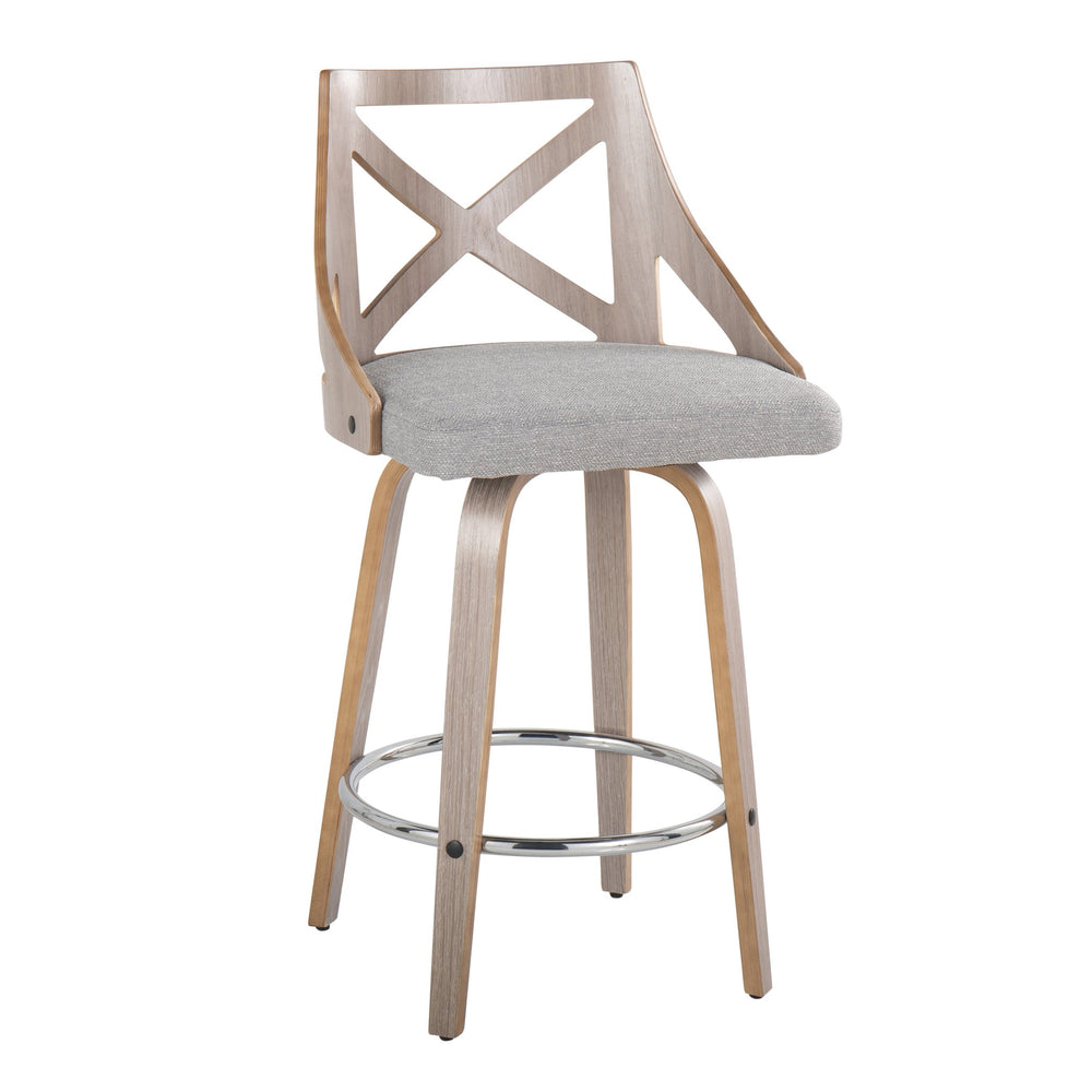 English Elm Charlotte 26" Farmhouse Counter Stool Set of 2 — Light Grey Wood, Grey Fabric Swivel, X-Back, Chrome Footrest B202S00179