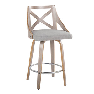 English Elm Charlotte 26" Farmhouse Counter Stool Set of 2 — Light Grey Wood, Grey Fabric Swivel, X-Back, Chrome Footrest B202S00179