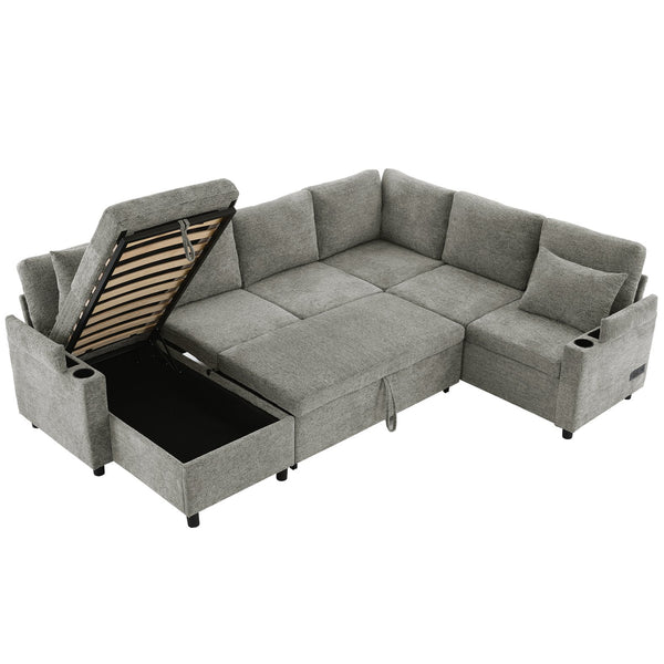 English Elm 109.9" Sectional Sofa Bed U-Shaped Pull-Out Sleeper with Storage Chaise, Cup Holders, USB Ports & Chenille Comfort LIGHT GREY N719S001910R