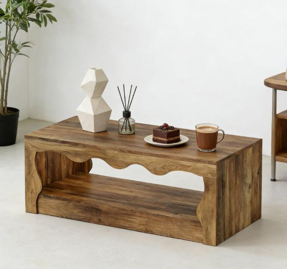 English Elm Sleek Farmhouse Coffee Table with Open Shelf Wood Grain Finish for Living Room T3971P464454