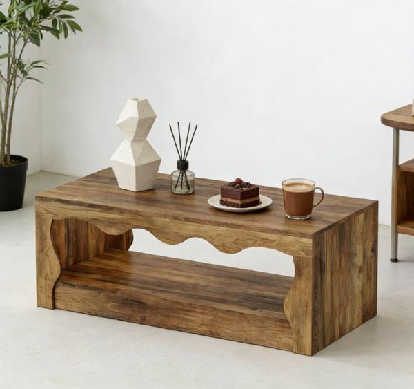 English Elm Sleek Farmhouse Coffee Table with Open Shelf Wood Grain Finish for Living Room T3971P464454