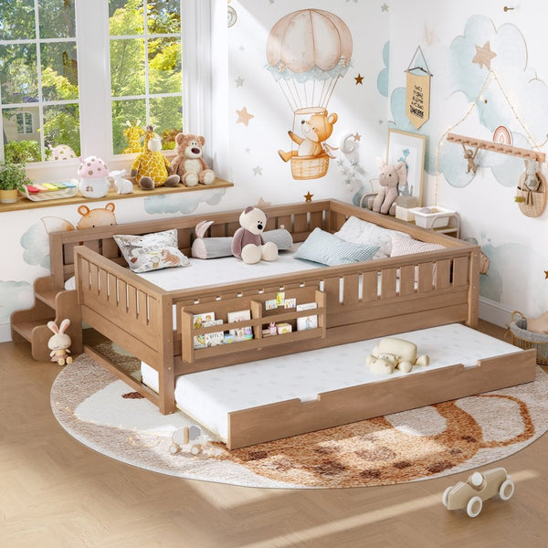 English Elm Queen Bunk Bed with Trundle Solid Pine Kids Car Themed Frame Built-in Bookshelf Natural W1580S00564