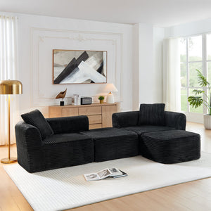 English Elm 114" Cloud Sectional Couch with L-Shape Chaise Modular Corduroy Sofa with Movable Ottoman, No Assembly Required, Plush Comfort for Living Spaces Black W1117P371650