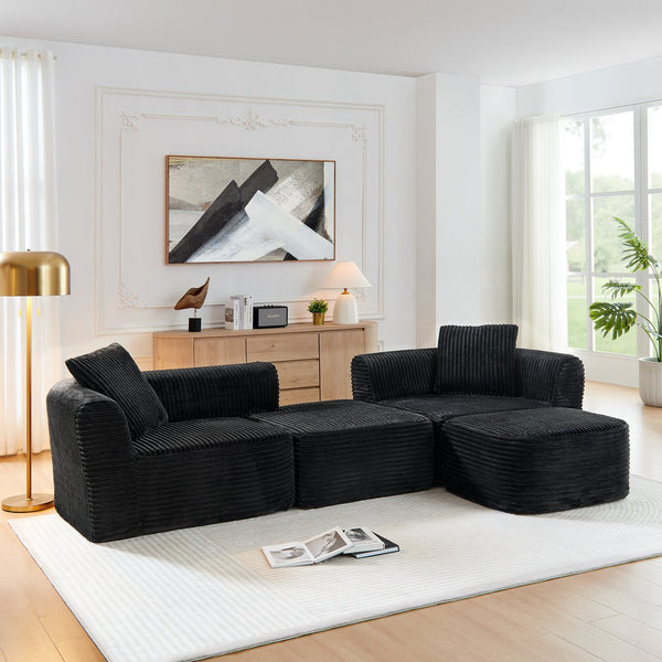 English Elm 114" Cloud Sectional Couch with L-Shape Chaise Modular Corduroy Sofa with Movable Ottoman, No Assembly Required, Plush Comfort for Living Spaces Black W1117P371650