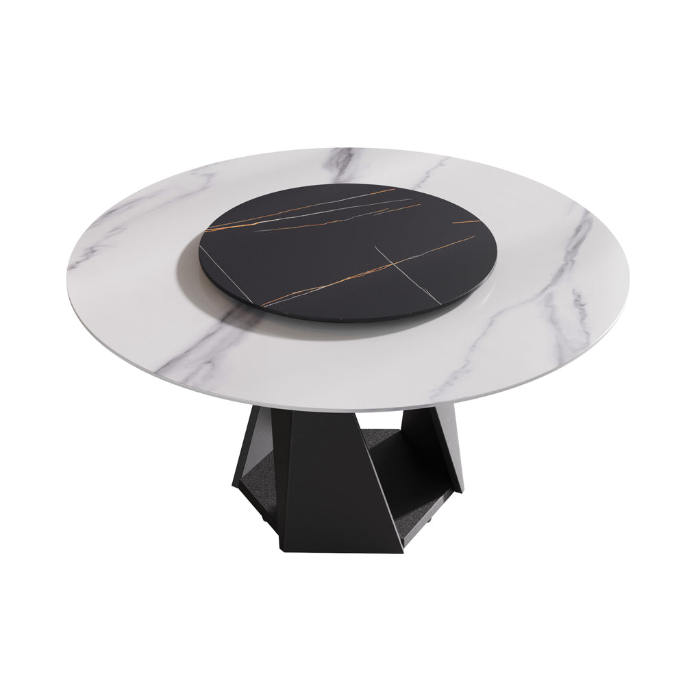 English Elm 59.05" Round Marble Dining Table With Iron Base, 6-8 Person Capacity, Stylish Lazy Susan Turntable W1535S00403