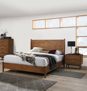 English Elm Walnut 3-Piece Mid-Century Modern Bedroom Set - Queen Bed & 2 Nightstands With Warm Finish B2741S00461-GIGA