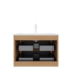 English Elm Noor Oak Veneer Floating Bathroom Vanity with Grooved Plywood Cabinet and Ceramic Basin W2615P380401