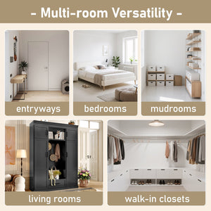 English Elm VIBE Multifunctional Hall Tree with Bench, 4-Door Storage, 1 Drawer, Hooks & Adjustable Shelves for Entryway Black SJ000140AAB