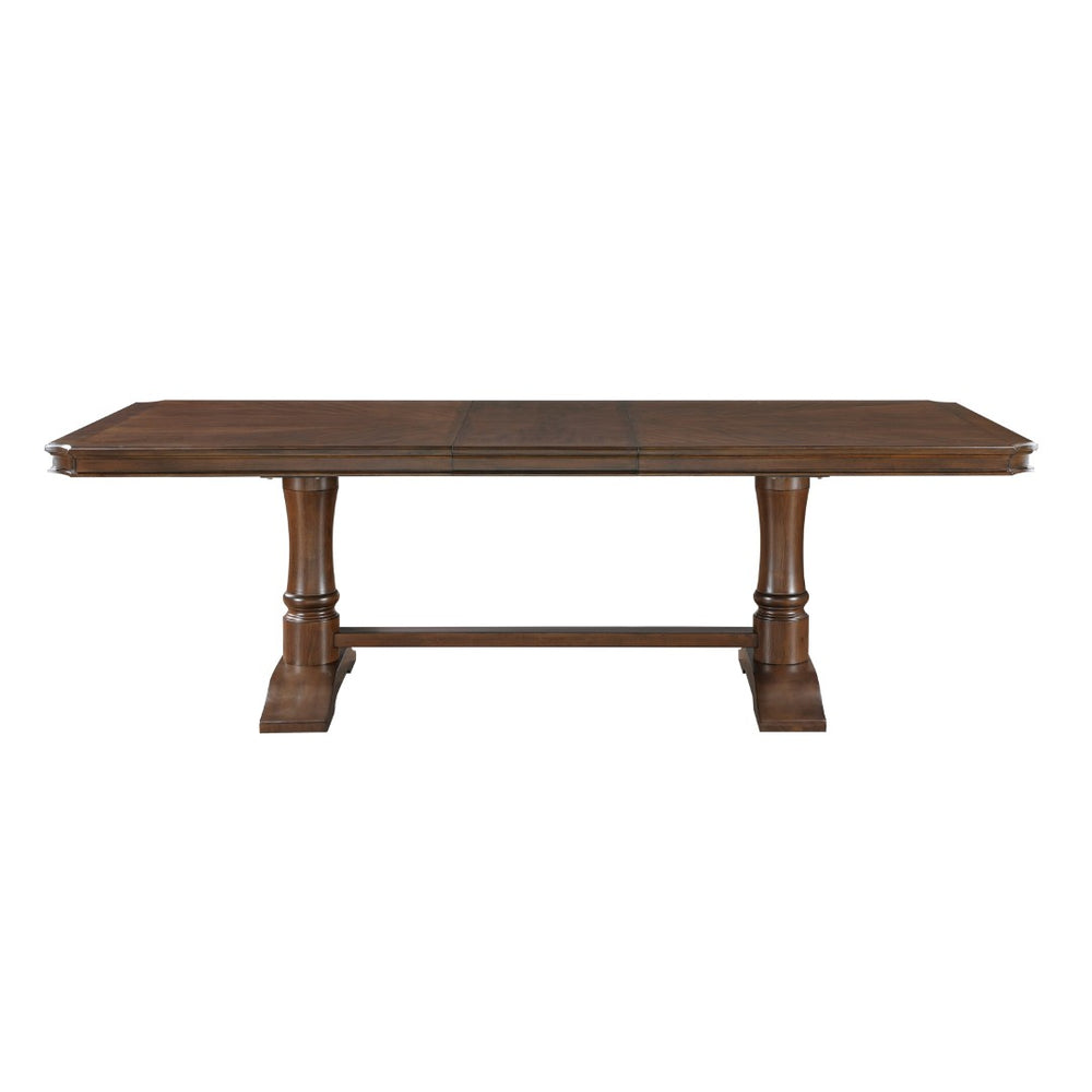 English Elm Formal Cherry Veneer Trestle Dining Table Seats 8 with Built-in Extension Leaf B011S01371