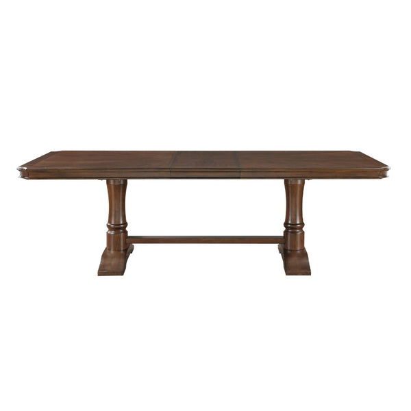 English Elm Formal Nine Piece Cherry Trestle Dining Set with Nailhead Upholstered Chairs Extendable B011S01374