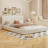 English Elm Queen Size Upholstered Bed With Tufted Headboard, Modern Velvet Platform Bed , No Box Spring Required, White