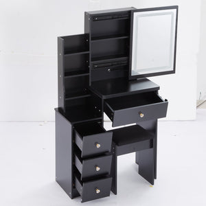 English Elm 29.2" Compact Vanity Table Set With Led Mirror, Power Station, Cushioned Stool, Hair Dryer Bracket W936P226040