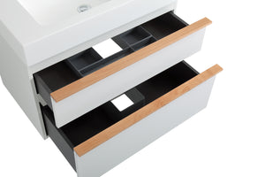 English Elm VELA 30 Inch Wall Mounted Bathroom Vanity with Integrated Acrylic Sink, Dual Wood Handles, Soft-Close Drawers, Matte Finish White W3235P327594