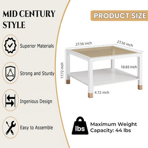 English Elm Industrial Square Coffee Table with Gold Mesh Tempered Glass Top and Matte Steel Legs White+Gold W3587P456310