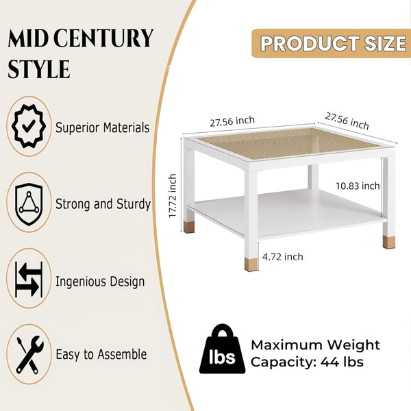 English Elm Industrial Square Coffee Table with Gold Mesh Tempered Glass Top and Matte Steel Legs White+Gold W3587P456310