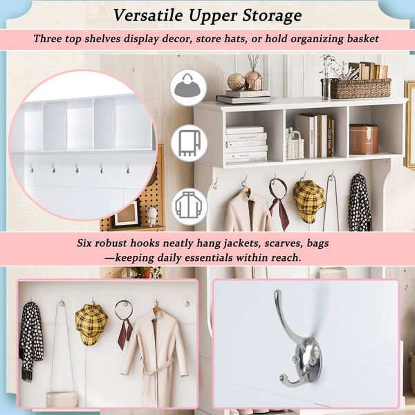 English Elm U-Can 57'' Hall Tree with Bench, Drawer & Shelves for Entryway Organizing and Stylish Storage White N724P264673K