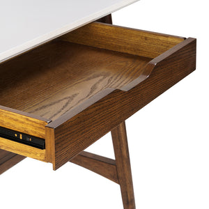 JLA Home Madison Park - Desk Parker Mid-Century Modern Off-White Top with Pecan Shelf — Stylish Compact Workspace, Storage, Easy Assembly MP122-0097
