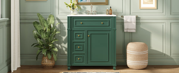 English Elm Bathroom Vanity with Sink French-Inspired 30" Ceramic Basin Vanity Cabinet with Soft-Close Doors & Drawer Organizer Green N710P286723F