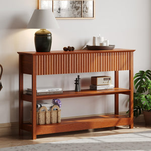 English Elm 47″ Fluted MDF Console Table with 3 Drawers & Open Shelf, Brown Cherry Finish for Entryway Elegance T3771P369064