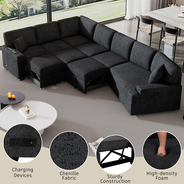 English Elm 126" L-shaped Sectional Sofa with Pull-Out Bed, Built-In USB Charging & Cup Holders, Chenille Upholstery Black+Blue N719S001530C