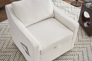 English Elm 011-Teddy Plush Swivel Accent Chair with High Back, Rivet Trim, 360° Rotation, Storage & Pockets Ivory W527P190834