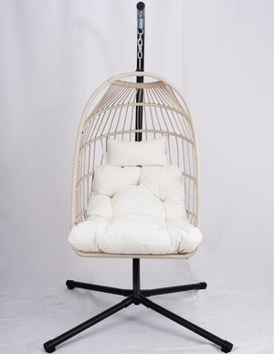 English Elm Outdoor Egg Hanging Chair with Stand - Light Gray Wicker Hammock, 350lb Steel Frame, Cozy Washable Cushions W2500P262991