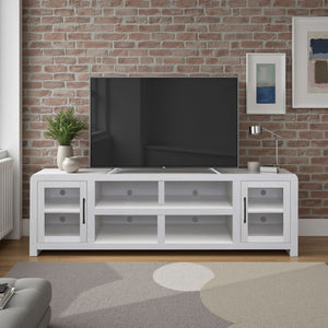 English Elm Haven 82" TV Stand with Glass Doors & Cable Management, Oak Veneer, Fully Assembled White Finish B108P364416