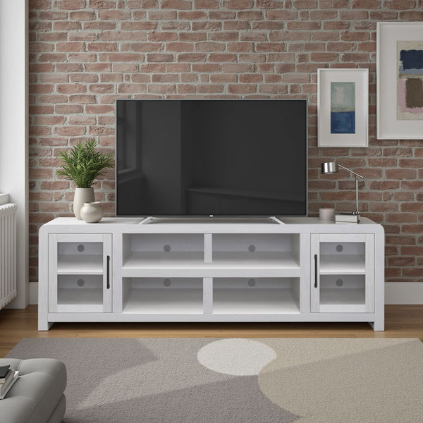 English Elm Haven 82" TV Stand with Glass Doors & Cable Management, Oak Veneer, Fully Assembled White Finish B108P364416