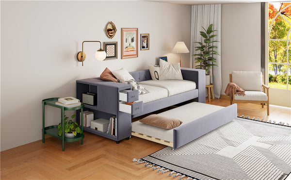 English Elm Twin Upholstered Bed with Trundle and Storage Drawers, USB Ports, French Velvet Luxurious Feel Gray SF000184AAE