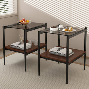 English Elm Set Of 2 Modern Rectangle End Tables With Gray Glass Top, Mdf Storage Shelf & Sturdy Iron Legs W241P184249-GIGA