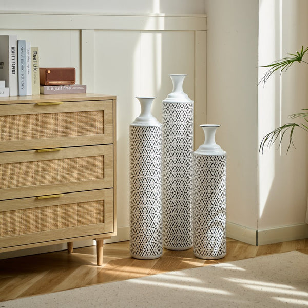 English Elm Floor Metal Vases Set of 3 White & Black Glazed Metal Cylinder Vases Tall Textured Gold Accent Decor W2796P278066