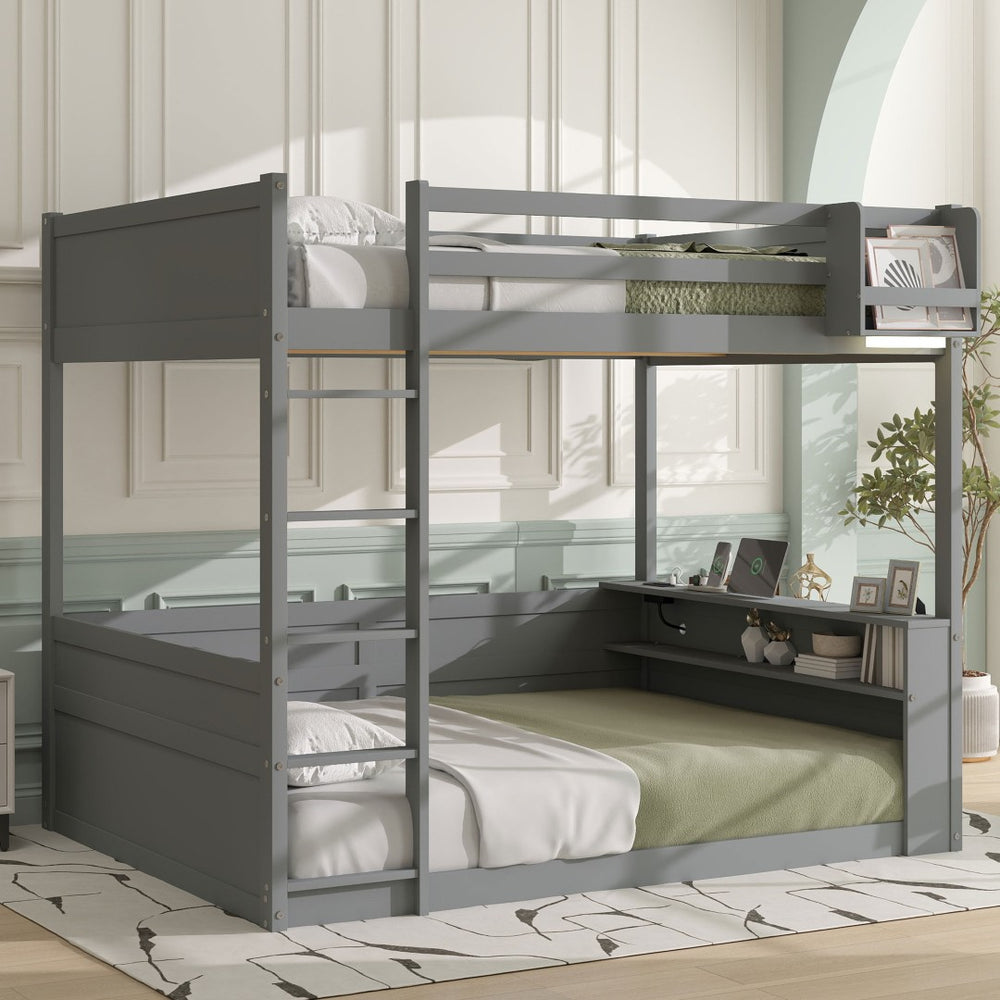 English Elm Queen Size Wooden Bunk Bed With Smart Storage, Led Light, Usb Charging & Modern Grey Finish N7090005006E-GIGA