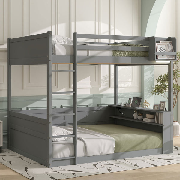 English Elm Queen Size Wooden Bunk Bed With Smart Storage, Led Light, Usb Charging & Modern Grey Finish N7090005006E-GIGA