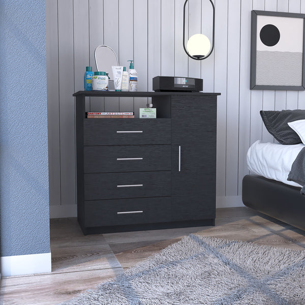 English Elm 4 Drawer Dresser with Open Shelf and Single Door Cabinet, Engineered Wood, Spacious Storage Appeal Black 38 L x 23 W x 4 H B097S00107