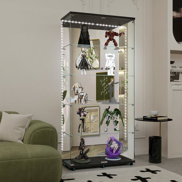 English Elm Tempered Glass Display Cabinet With Bluetooth Led Light, Locking Door & Mirrored Back For Stylish Storage W3155S00017-GIGA