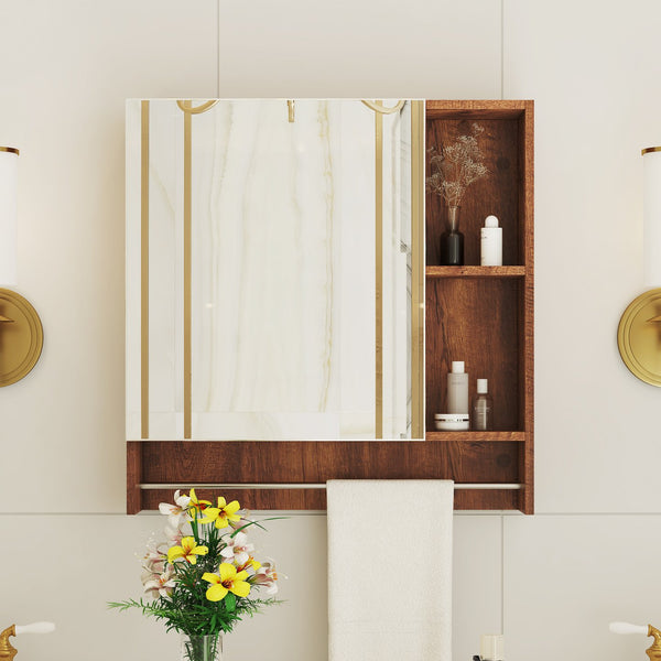 English Elm Bathroom Walnut Mirror Cabinet Wall Mounted with 4 Compartments, Towel Rack, HD Mirror, Moisture-Resistant W3226P325706