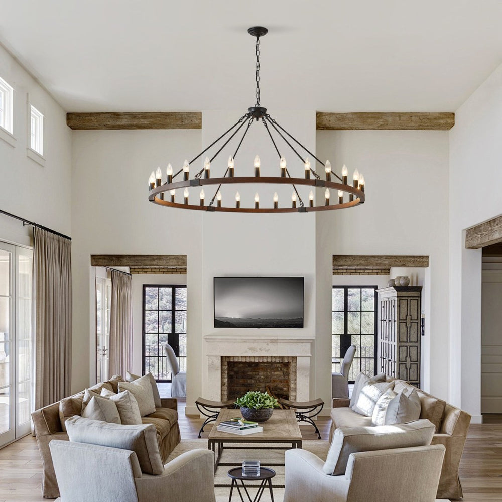 English Elm 53.15 Inch Wagon Wheel Chandelier Wood Matte Black 30 Light Seeded Glass Farmhouse W5008P464800