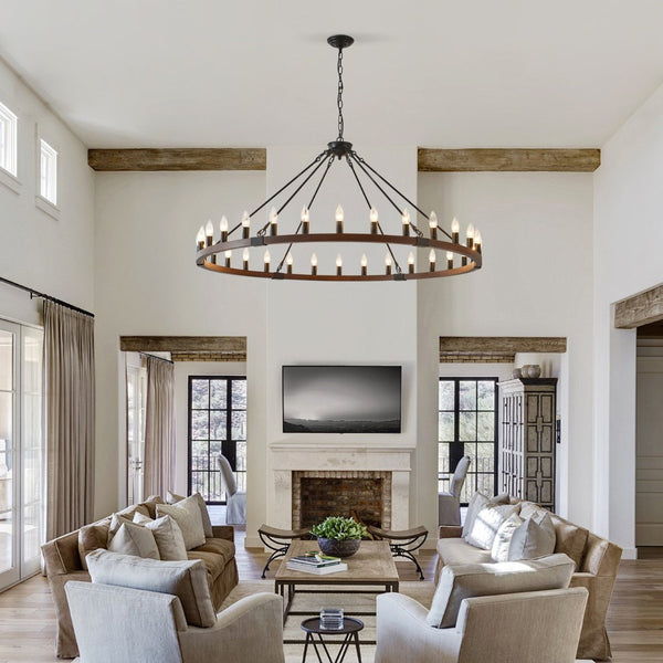 English Elm 53.15 Inch Wagon Wheel Chandelier Wood Matte Black 30 Light Seeded Glass Farmhouse W5008P464800