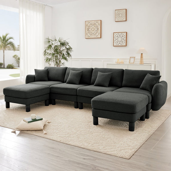 English Elm Boucle U-Shape 4-Seater Sectional Sofa With Shell Armrests & Movable Ottomans In Dark Grey Fabric W3041S00305