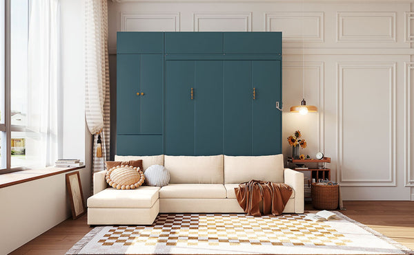 English Elm Queen Murphy Bed with L-shaped Velvet Sofa Storage Cabinets for Studio Living Green LP000765AAA-1