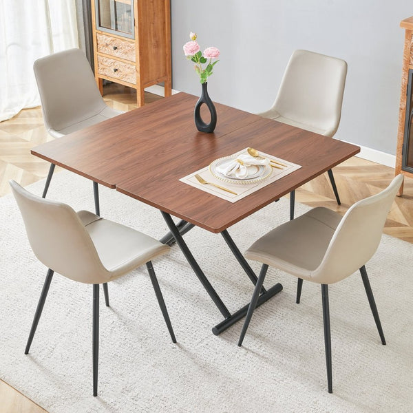 English Elm Table Set With Adjustable Height, Walnut Wood Finish & 4 Warm Gray Pu Chairs For Modern Living W1151S03997-GIGA