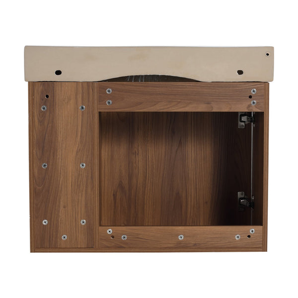 English Elm 28'' 28" Wall-Mounted Bathroom Vanity with White Ceramic Sink, Soft-Close Door, Open Shelves, KD-Pack W999P263409