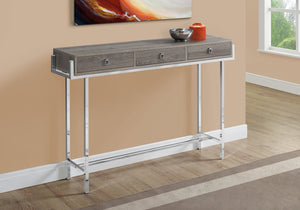 English Elm Accent modern glossy console table with chrome base, slim entryway sofa storage with three drawers for small spaces taupe 61 L x 15 W x 8 H B2710P219254